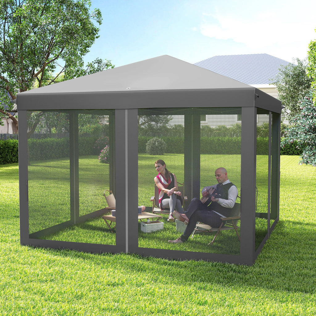 Outsunny 3 x 3 m Pop Up Gazebo, 420D Garden Tent Canopy with Removable Mesh Sidewall Netting, Carry Bag for Garden Patio Outdoor, Light Grey