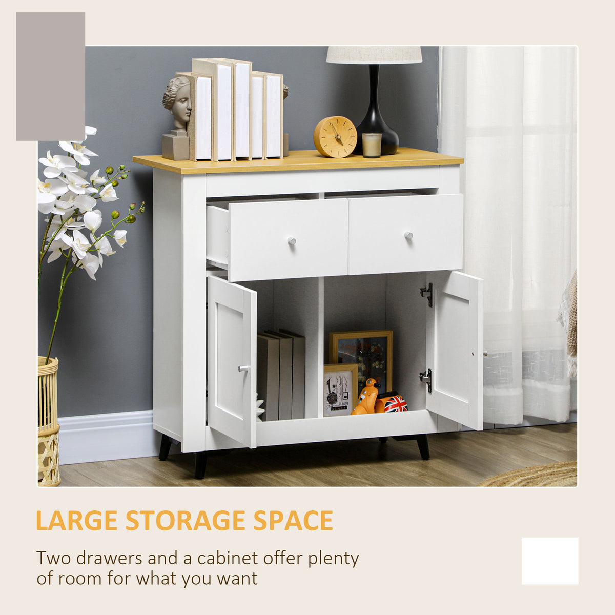Sideboard Storage Cabinet, Modern Kitchen Cupboard with Double Doors and Drawers for Dining Room, Living Room and Entryway, White