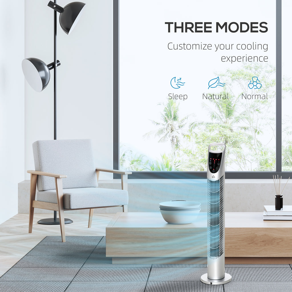 31 Inch Bladeless Oscillating Tower Fan with 70° Oscillation, Remote Control, 7.5H Timer, 3 Speed 3 Modes, Electric Floor Standing Cooling Fan for Home Bedroom Office, Silver