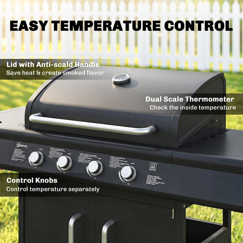 Outsunny 4+1 Burner Gas BBQ Grill with Storage Cabinet, 15.2 kW Gas Barbecue Trolley with Side Table, 4 Wheels, Warming Rack