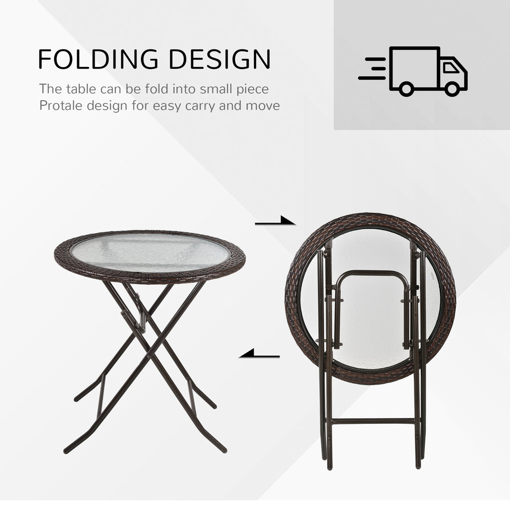 Outsunny Folding Rattan Garden Dining Table, 68 cm Round Rattan Garden Table with Water Ripple Tempered Glass Top, Wicker Edging  and Steel Frame for Outdoor, Patio, Brown