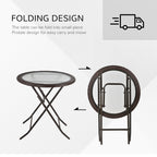 Outsunny Folding Rattan Garden Dining Table, 68 cm Round Rattan Garden Table with Water Ripple Tempered Glass Top, Wicker Edging  and Steel Frame for Outdoor, Patio, Brown