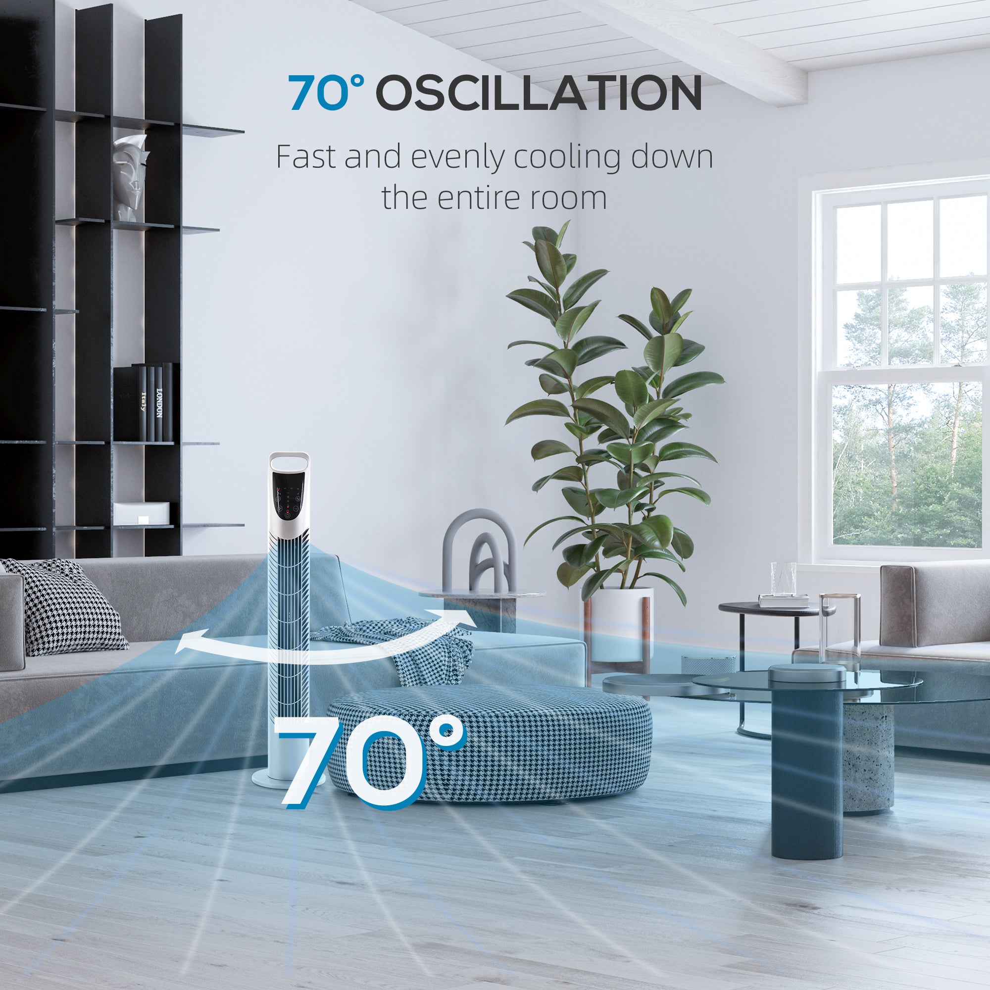 31 Inch Bladeless Oscillating Tower Fan with 70° Oscillation, Remote Control, 7.5H Timer, 3 Speed 3 Modes, Electric Floor Standing Cooling Fan for Home Bedroom Office, Silver