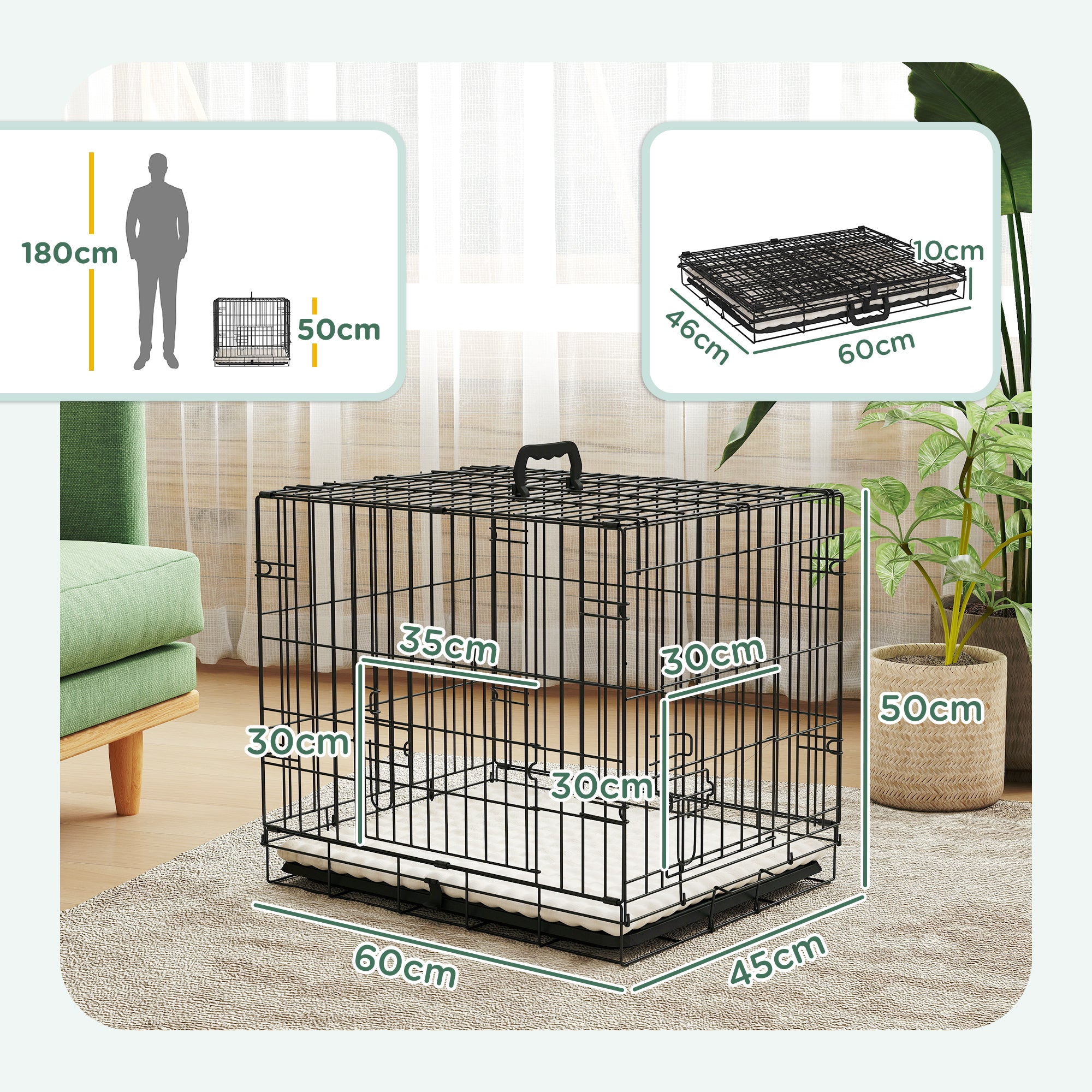 PawHut Foldable Dog Crate with Two Doors with Tray, Soft Cushion, for Extra Small Dogs, 60 x 45 x 50, Black