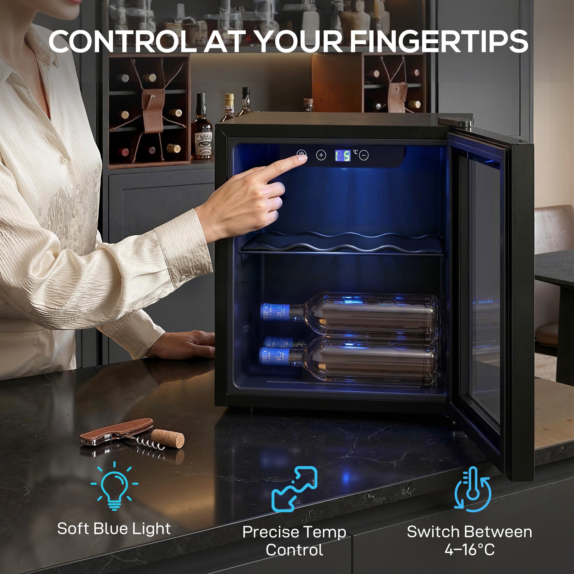 12 Bottle Wine Cooler, 36 Litre Capacity, 4-16°C Tabletop Drinks Wine Fridge with Glass Door, LED Light, Black