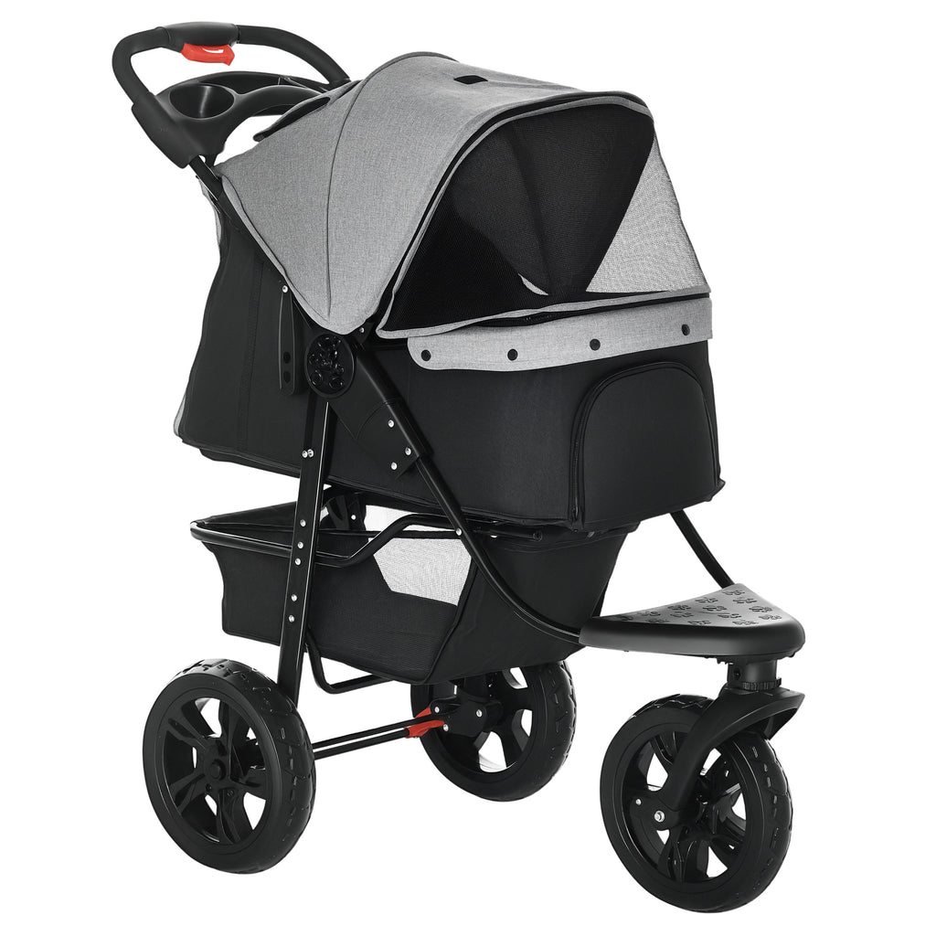 PawHut Dog Stroller Pram, 3-Wheel Foldable Pet Stroller with Invisible Sky Roof, for Small Dogs & Cats, Red