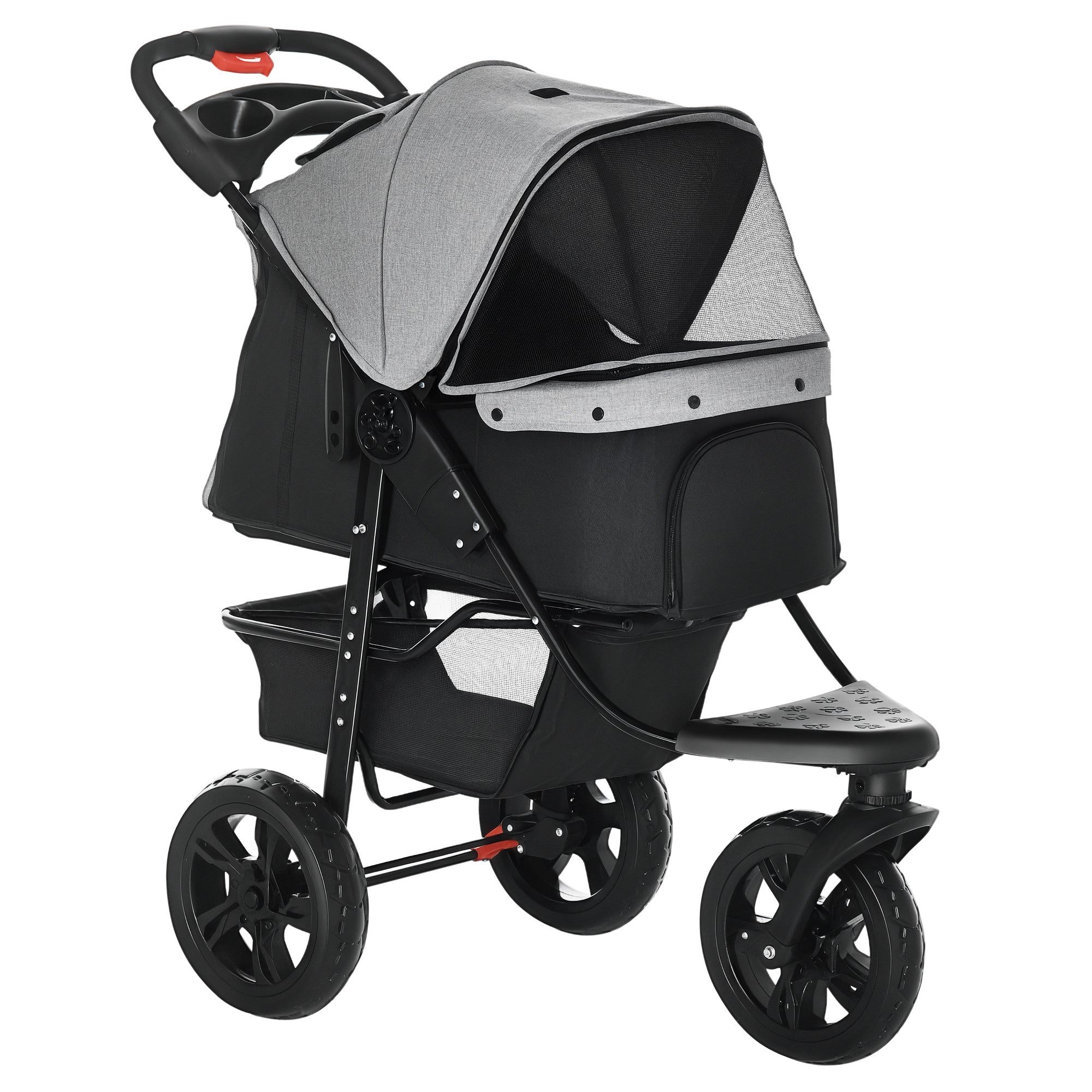 PawHut Dog Stroller Pram, 3-Wheel Foldable Pet Stroller with Invisible Sky Roof, for Small Dogs & Cats, Red
