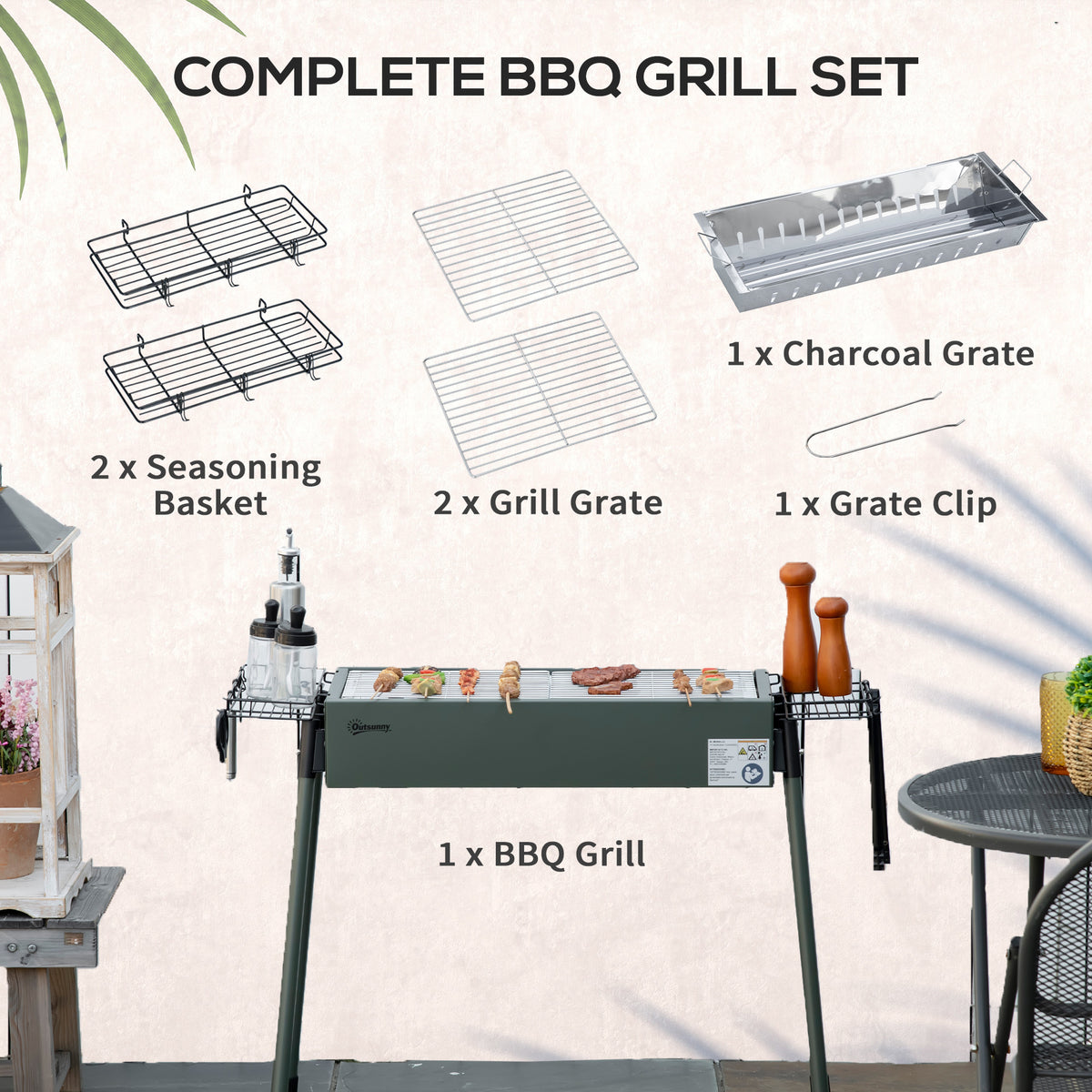 Outsunny Portable Charcoal Barbecue BBQ Grill with Seasoning Baskets and Hooks, Compact Stainless Steel Cooker for Camping Picnic Hiking Garden Party Festival, Dark Green