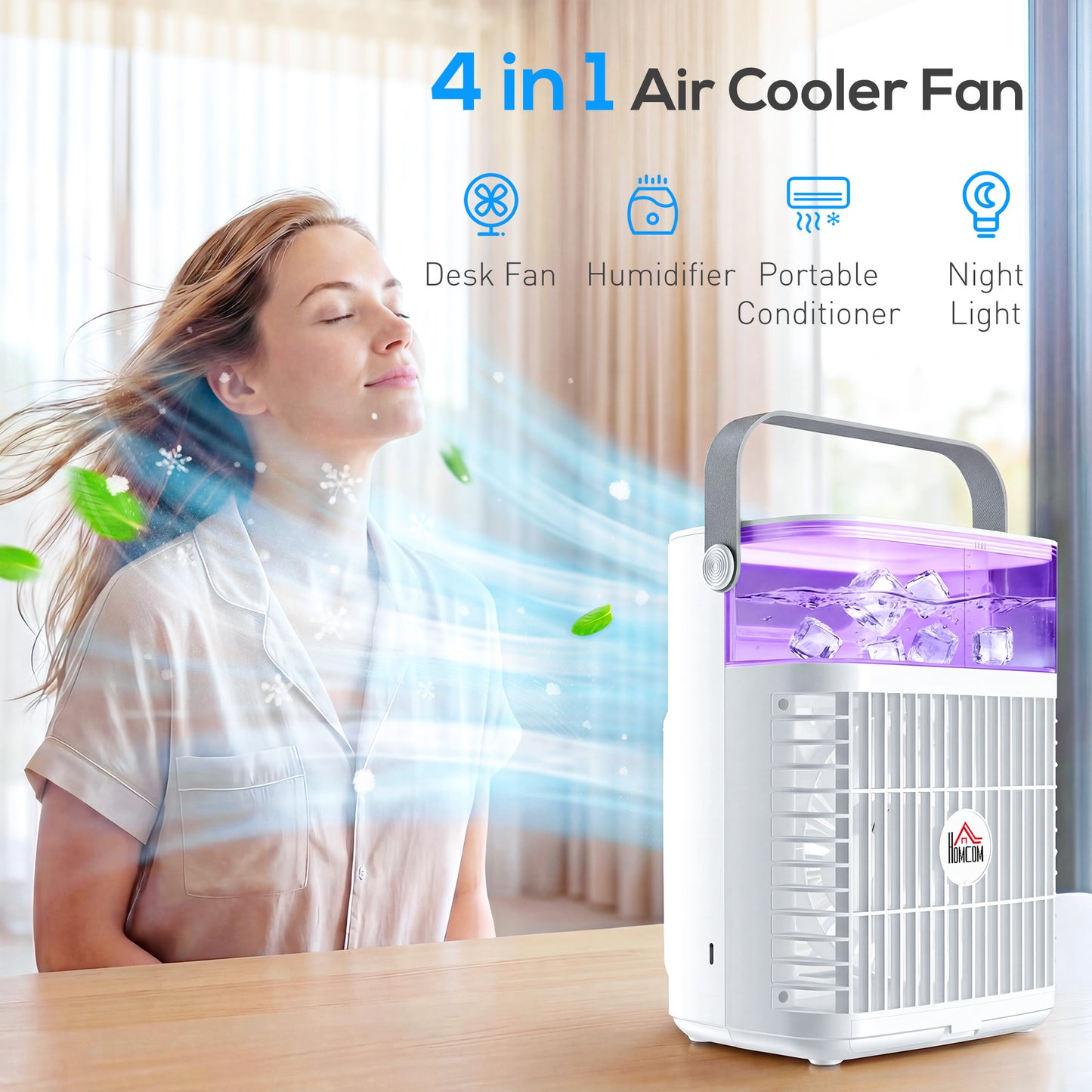 Air Cooler with Adjustable Head, Portable Air Conditioner with 3 Wind Speed, 2 Cool Mist, RGB Light, White