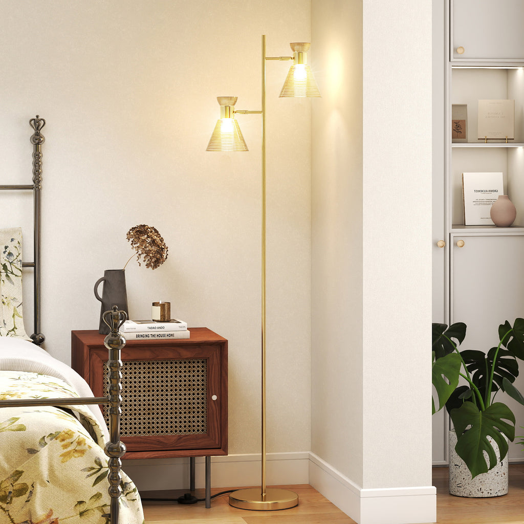 Floor Lamp with Adjustable Dual Head, Modern Standing Lamp with Floral Glass Shades and Foot Switch for Living Room Bedroom, E27 Socket, Bulb Not Included, Gold Tone
