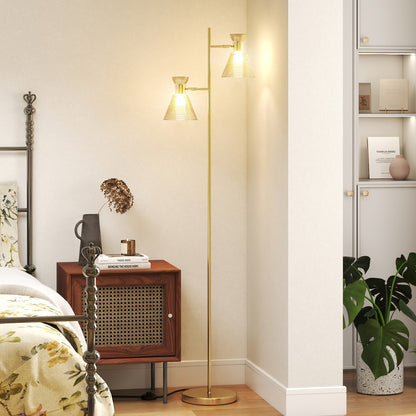 Floor Lamp with Adjustable Dual Head, Modern Standing Lamp with Floral Glass Shades and Foot Switch for Living Room Bedroom, E27 Socket, Bulb Not Included, Gold Tone