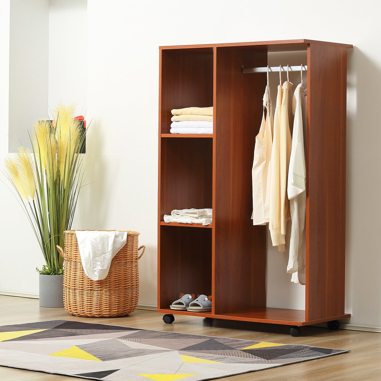 Open Wardrobe on Wheels, Bedroom Wardrobe with Clothes Hanging Rail, 3 Storage Shelves, Mobile Garment Rack for Cloakroom, Hallway, Walnut