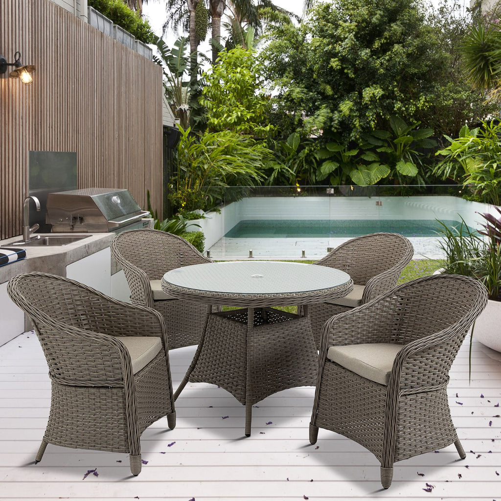 Outsunny 4 Seater Rattan Garden Furniture Set with Cushions, Round PE Rattan Dining Set with Glass-Top Table, Umbrella Hole, Outdoor Garden Table and Chairs, Mixed Grey