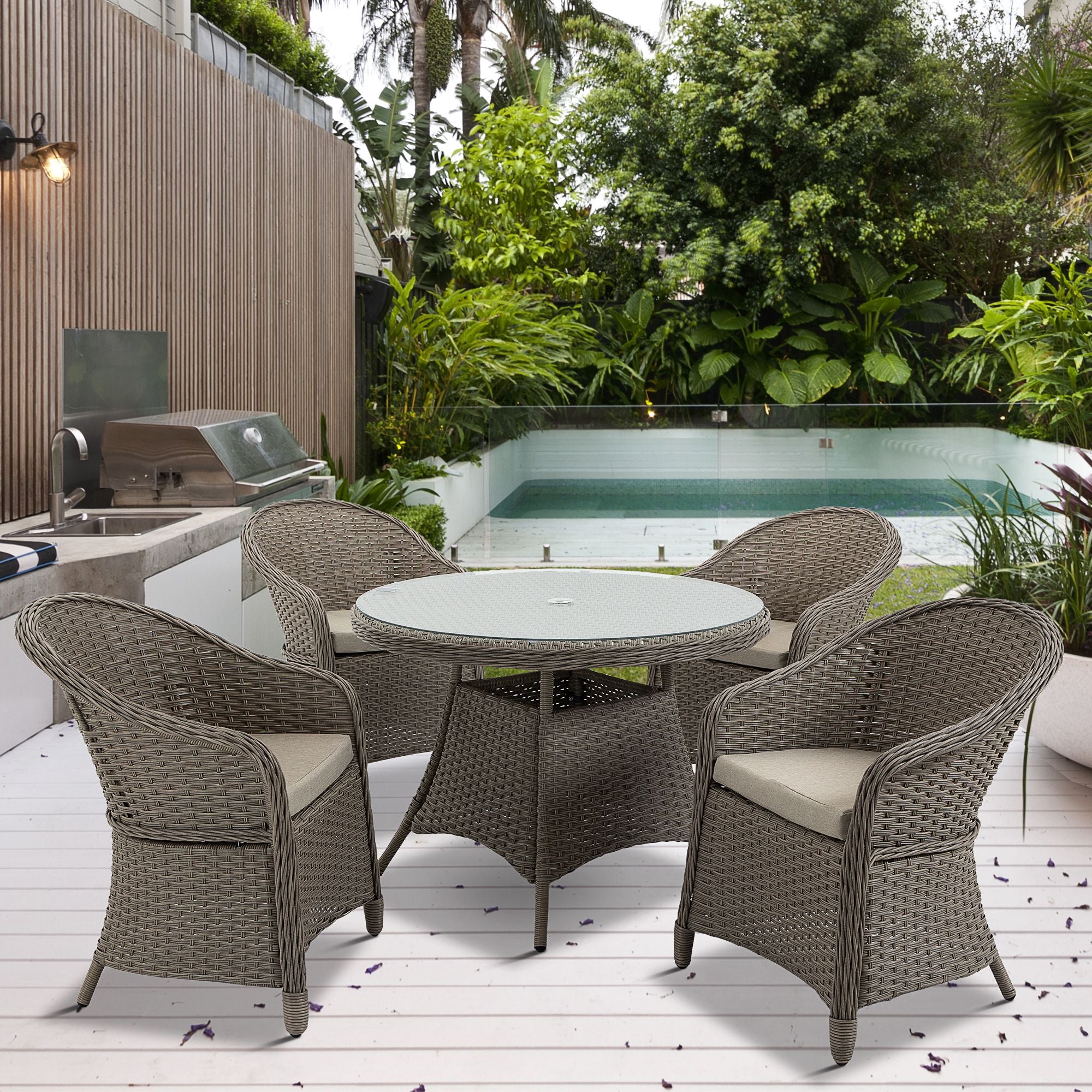 Outsunny 4 Seater Rattan Garden Furniture Set with Cushions, Round PE Rattan Dining Set with Glass-Top Table, Umbrella Hole, Outdoor Garden Table and Chairs, Mixed Grey