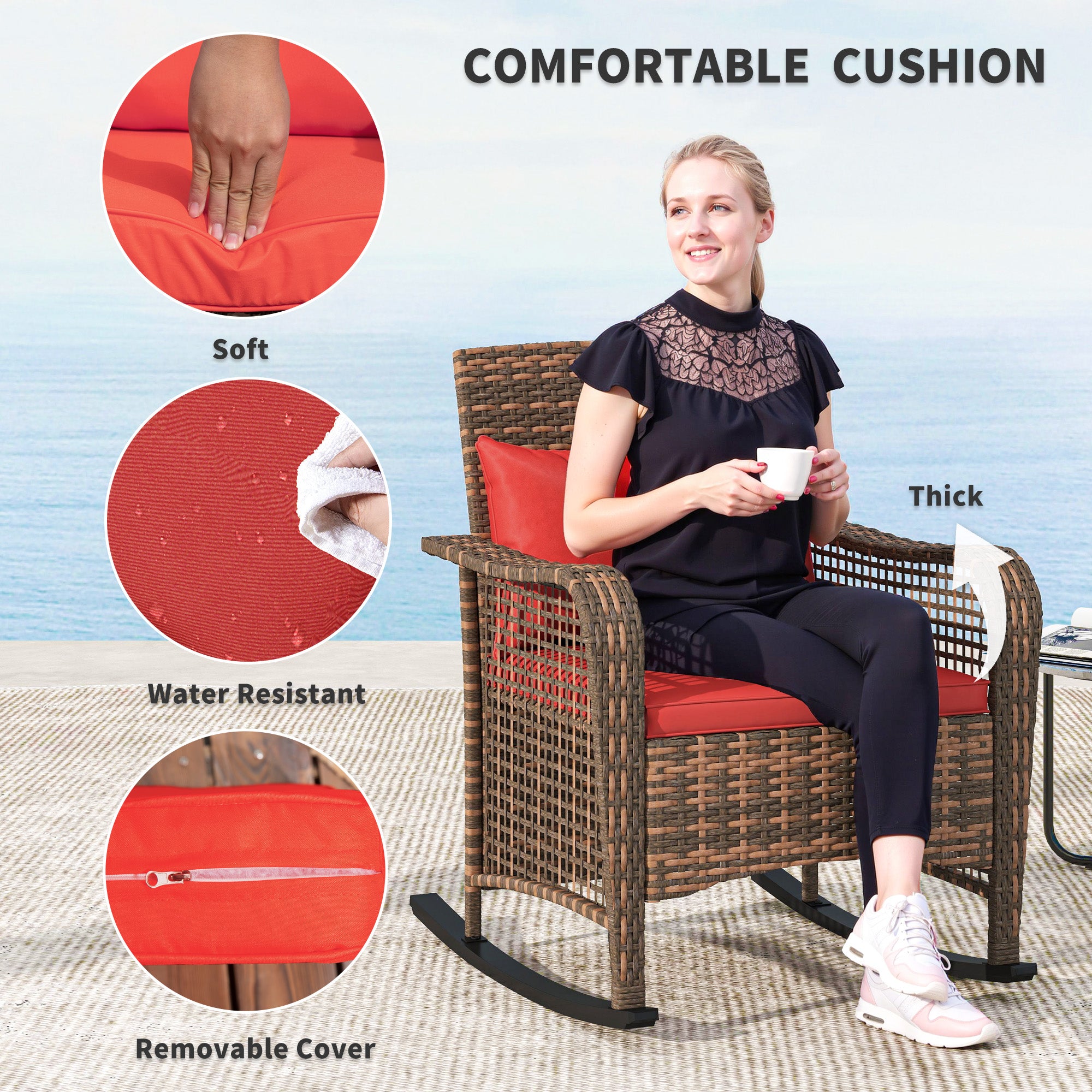 Outsunny Rattan Rocking Chair - Red