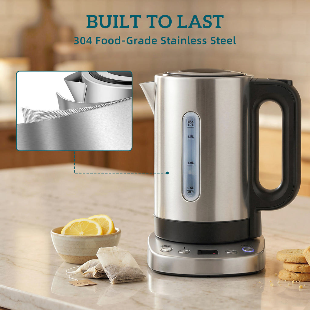 Electric Kettle, 1.7L, Fast Boil, 3kW Water Kettle with UK Strix Thermostat, Keep Warm Function, LCD Base, Silver Tone