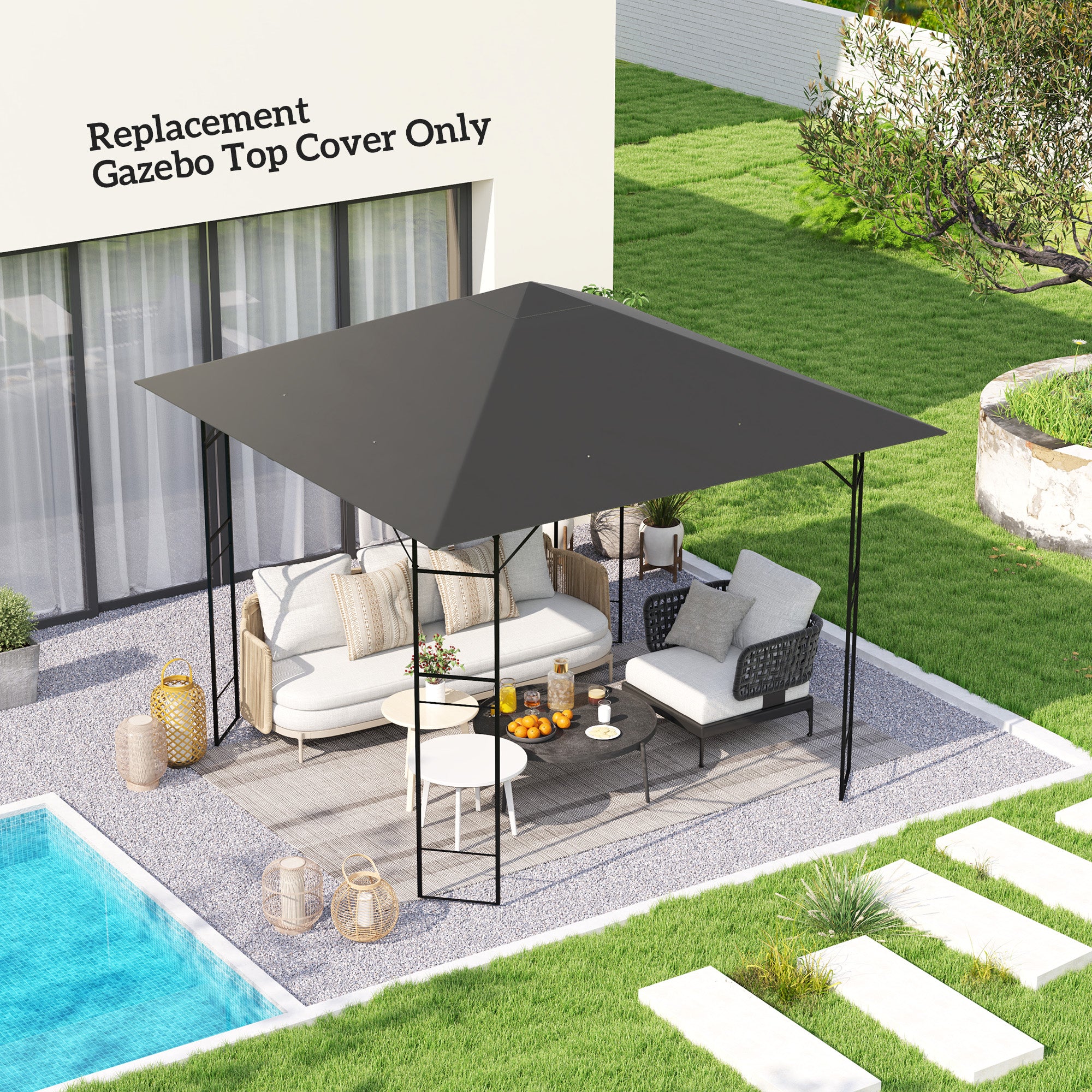 Outsunny 3 x 3(m) Gazebo Canopy Replacement Cover, Garden Gazebo Roof Replacement with Drain Holes, Water Resistant PVC Coating, 370g/?, UPF30+, TOP COVER ONLY, Grey