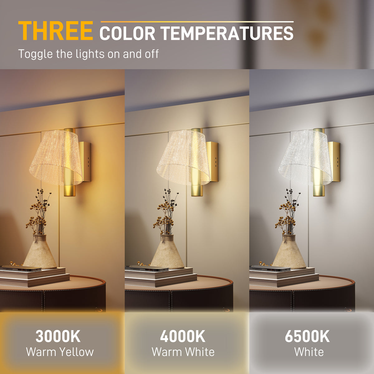 Led Wall Lamp 2 Pack, 5W Modern Indoor Starry Wall Light, Colour Temperature Adjustable 3000K/4000K/6500K, for Bedroom, Living Room, Hallway, Stairs, Gold Tone