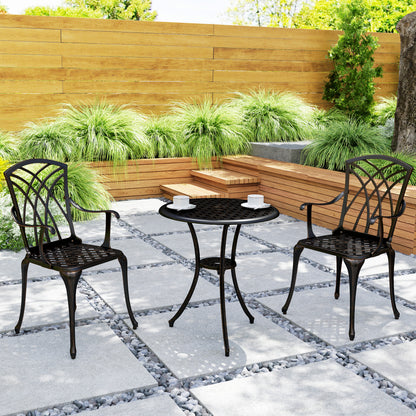 Outsunny 3 Pieces Garden Dining Set for 2, Cast Aluminium Outdoor Dining Set with 2 Armchairs and Round Dining Table with Parasol Hole, Garden Furniture Bistro Set, Bronze Tone