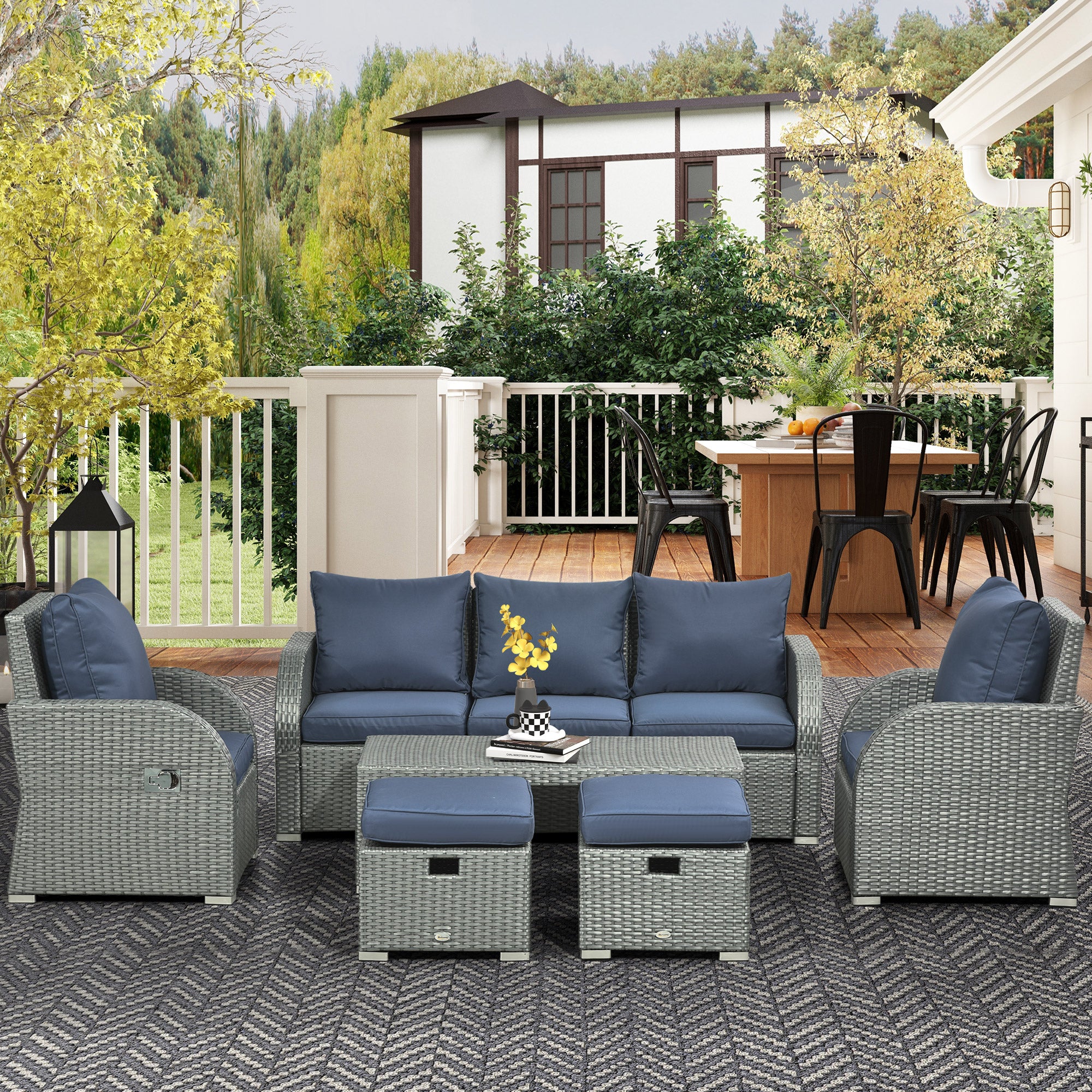 Outsunny Six-piece Outdoor Rattan Dining Set, Outdoor Sofa Set with Reclining Armchairs and Mental Frame, Blue