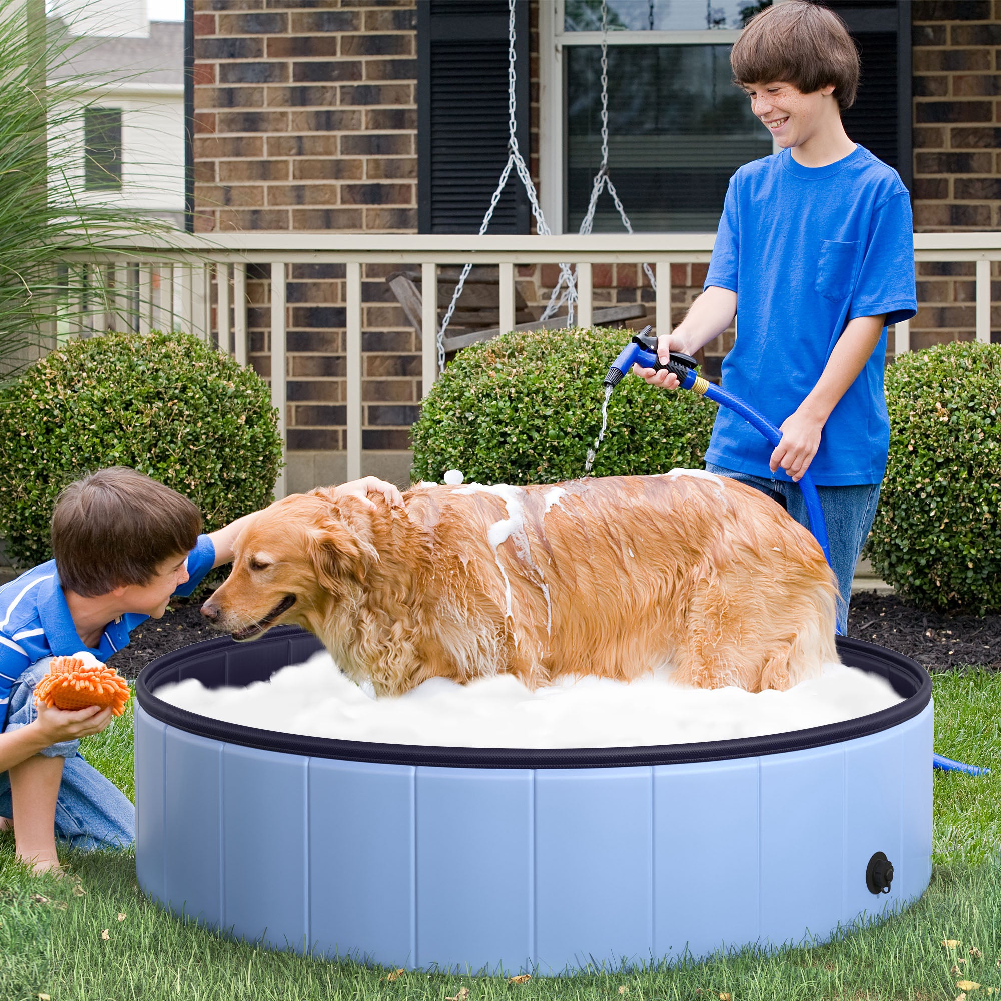 PawHut Foldable Dog Pool for Puppies and Ducks, Thickened PVC Dog Paddling Pool Bath Tub Hard Board, Anti-Slip Bottom and Drainage Hole, 120 x 30cm, Blue