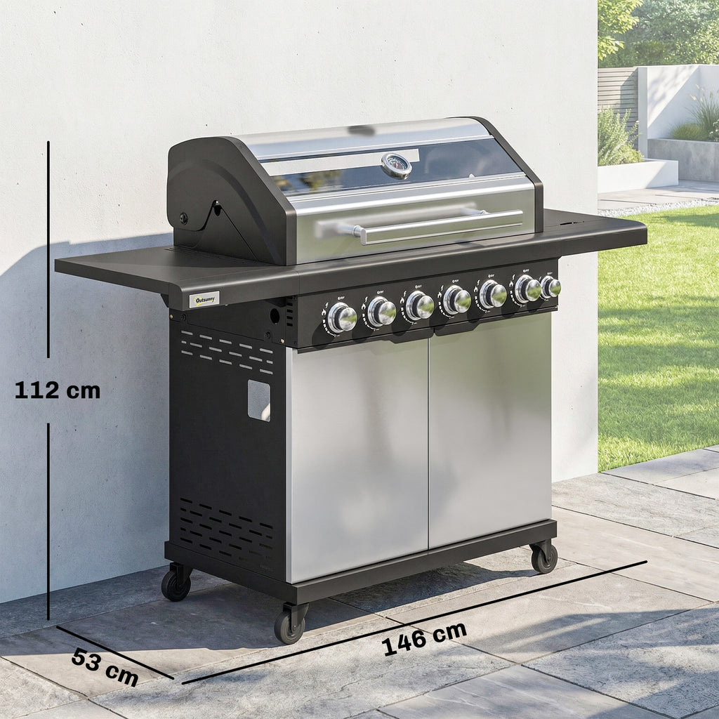 Outsunny 6+1 Burner Gas BBQ Grill, Outdoor Barbecue Trolley with Wheels, Warming Rack, Thermometer, Bottle Opener, Silver Tone