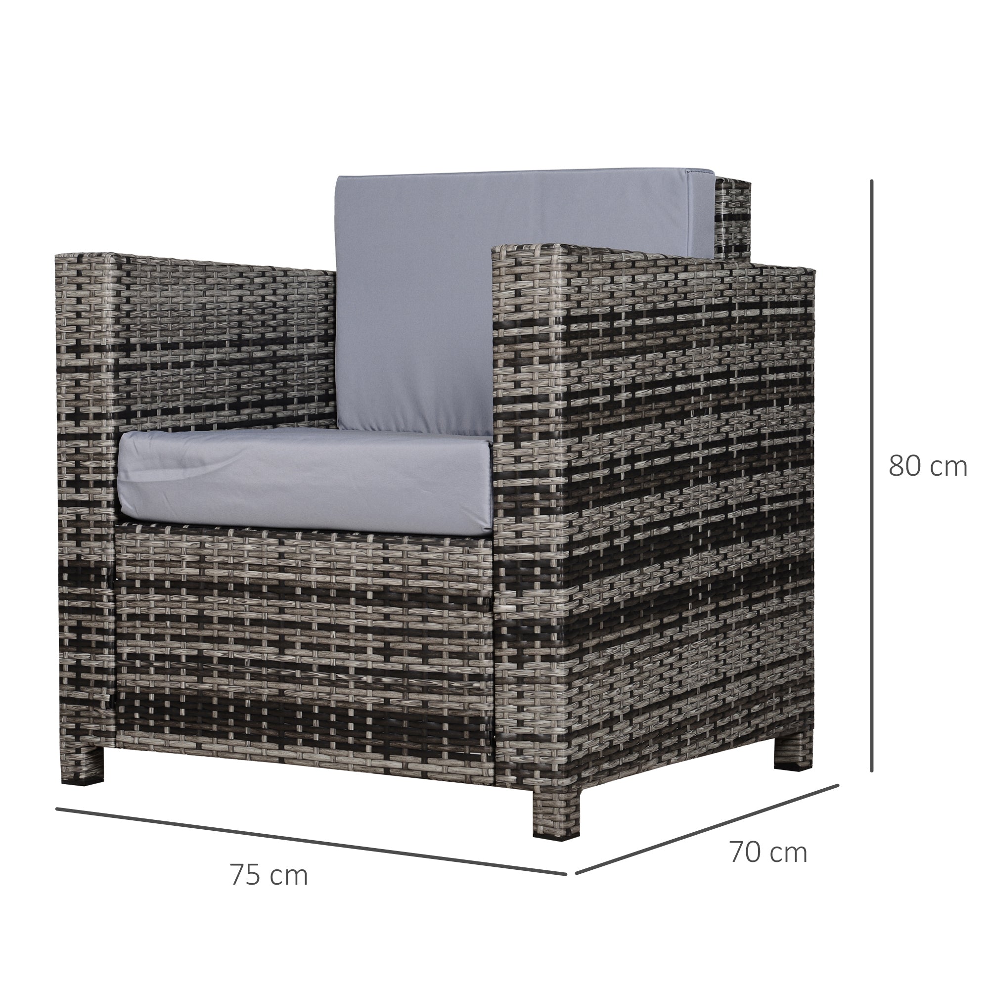 Outsunny Rattan Garden Armchair 10cm Cushion Outdoor Single Chair with Steel Frame, Grey