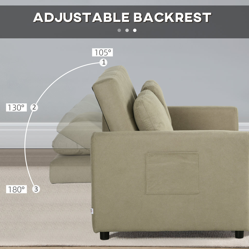 HOMCOM Loveseat Sofa Bed, Convertible Bed Settee with 2 Pillows, Side Pockets, Light Brown