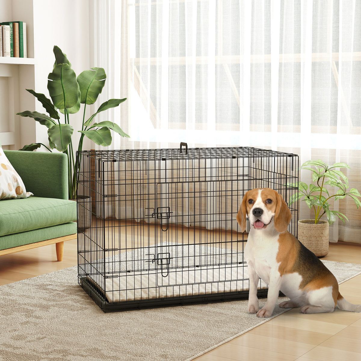 PawHut Foldable Dog Crate with 2 Doors with Tray, Soft Cushion, for Extra and Large Dogs, 106 x 71.5 x 76 cm, Black