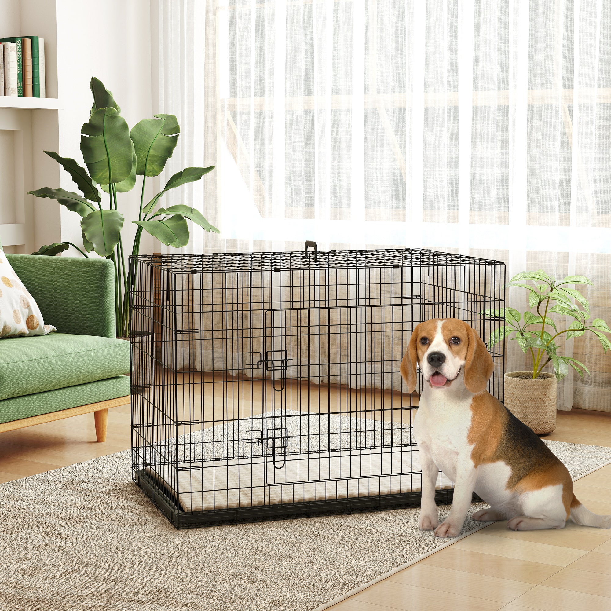 PawHut Foldable Dog Crate with 2 Doors with Tray, Soft Cushion, for Extra and Large Dogs, 106 x 71.5 x 76 cm, Black