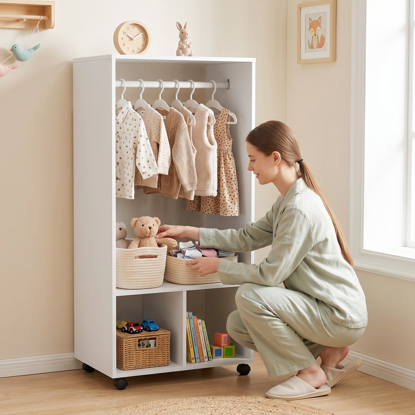 Open Wardrobe on Wheels, Bedroom Wardrobe with Clothes Hanging Rail, 2 Storage Shelves, Mobile Garment Rack for Cloakroom, Hallway, White