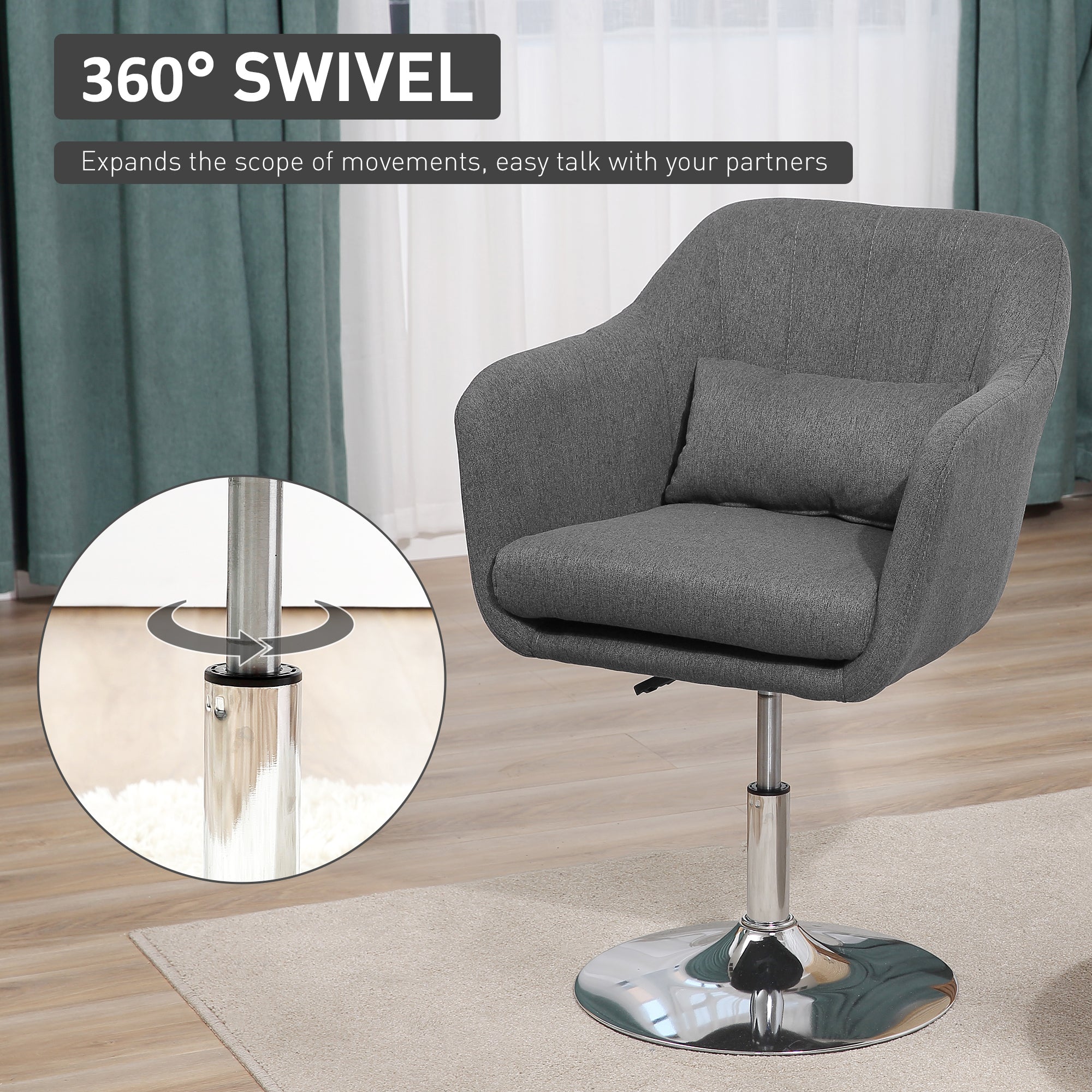 HOMCOM Swivel Accent Chair, Linen Fabric Tub Vanity Chair, Modern Armchair with Adjustable Height and Lumbar Support for Living Room Bedroom Salon Make up Room Dressing Table, Dark Grey