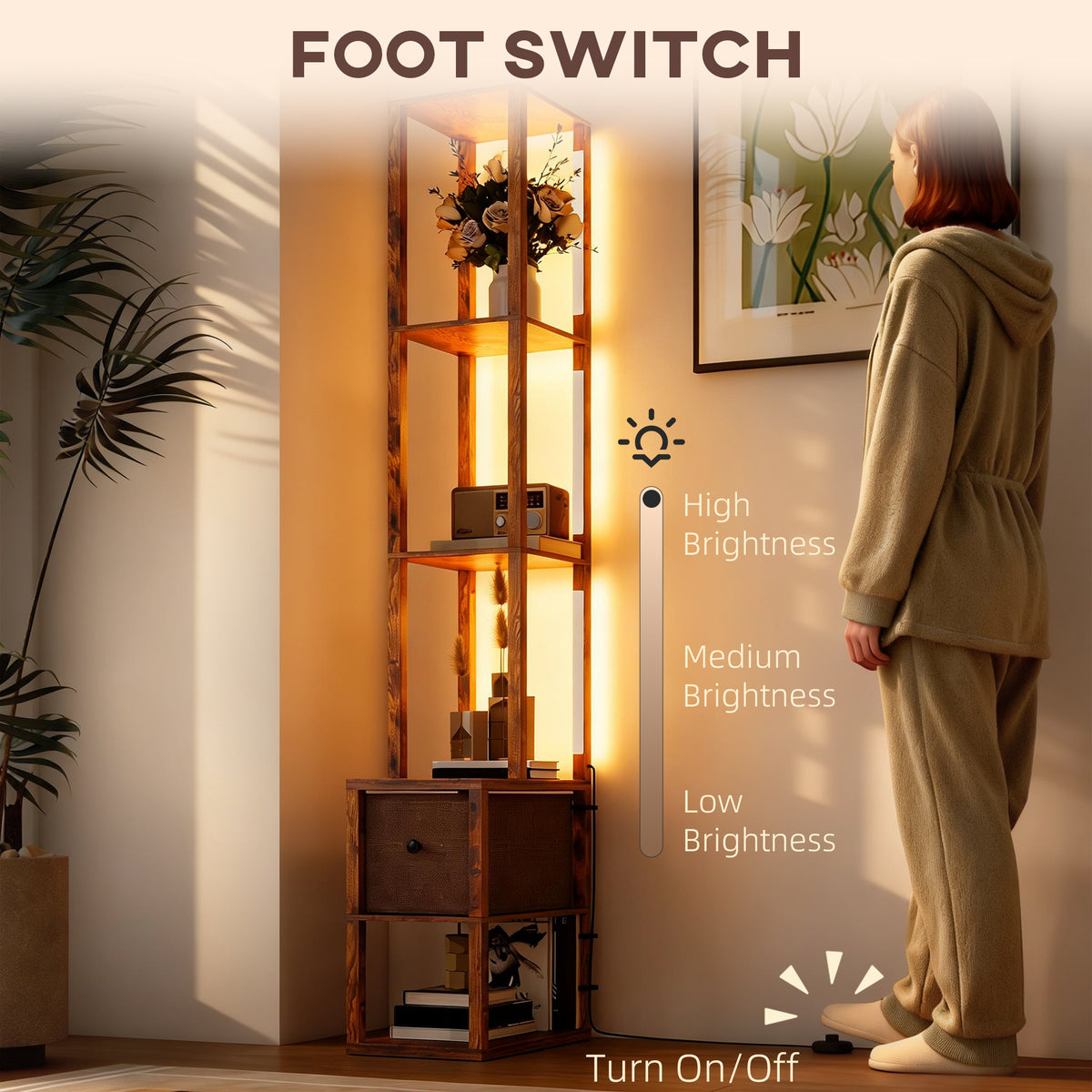 Floor Lamp with Shelves, LED Column Modern Standing Lamp with Fabric Drawer, Adjustable Brightness, Foot Switch for Living Room, Bedroom, Office, Rustic Brown