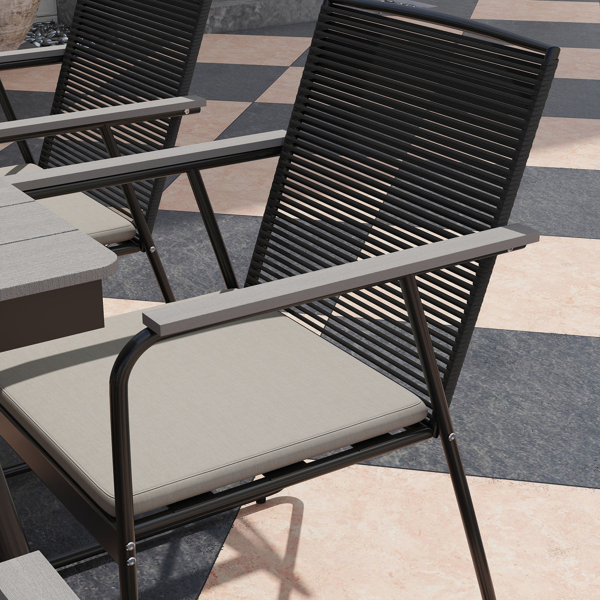Outsunny 6 Seater Garden Dining Set with Soft Cushions, Rattan Backrest, Rectangular Plastic Top, Garden Furniture Set, Outdoor Dining Table and Chairs for Patio, Balcony, Poolside, Grey