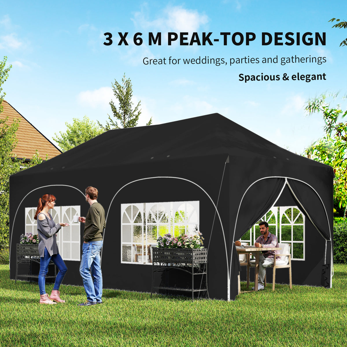 Outsunny 3 x 6m Pop Up Gazebo Shelter with Sides, 6 Sandbags, Peak Top Garden Party Tent Marquee with Carry Bag, Black
