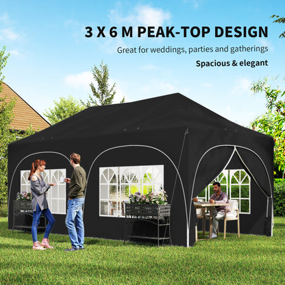 Outsunny 3 x 6m Pop Up Gazebo Shelter with Sides, 6 Sandbags, Peak Top Garden Party Tent Marquee with Carry Bag, Black