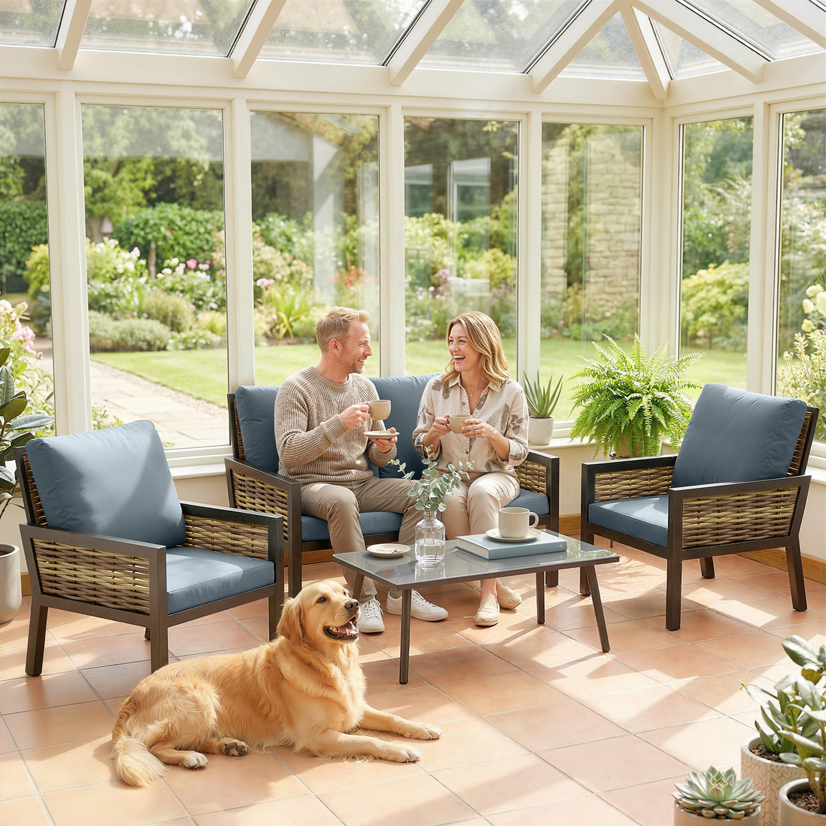 Outsunny 4 Seater Rattan Garden Furniture Set with 2 Armchairs, Loveseat, Coffee Table, Garden Sofa Set with Cushions, Grey