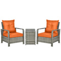 Outsunny 3 Pieces Rattan Bistro Set, Wicker Garden Furniture Set with Storage Coffee Table and Chairs, Thickened Cushions for Outdoor, Patio, Balcony, Orange