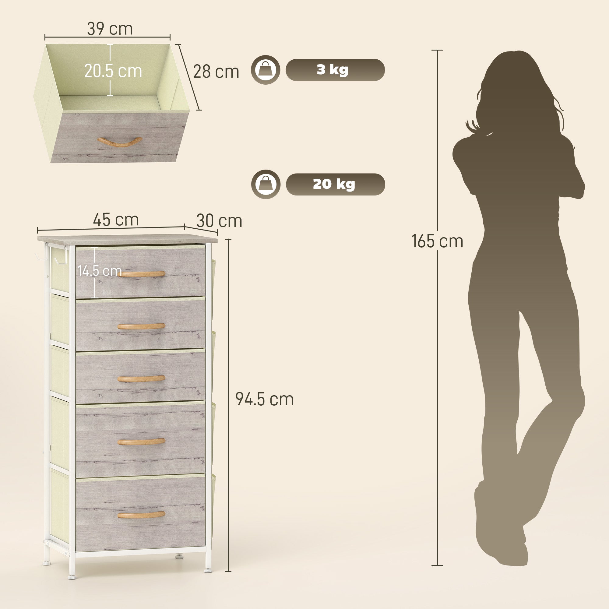 HOMCOM Chest of Five Fabric Drawers - Natural Wood Finish