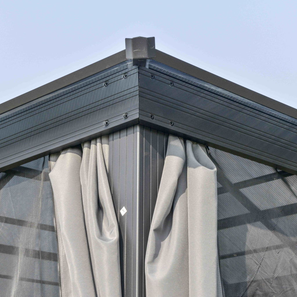 Outsunny 3 x 3(m) Hardtop Gazebo Canopy with Polycarbonate Roof, Aluminium Frame, Permanent Pavilion Garden Gazebo with Netting and Curtains for Patio, Deck, Dark Grey