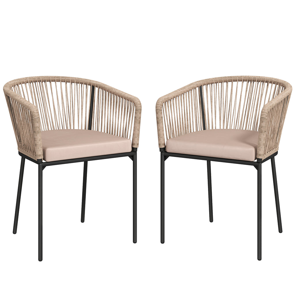Outsunny Garden Chairs Set of 2, Rattan Garden Dining Chairs with String Back Armrests, Cushions, Natural Wood Finish