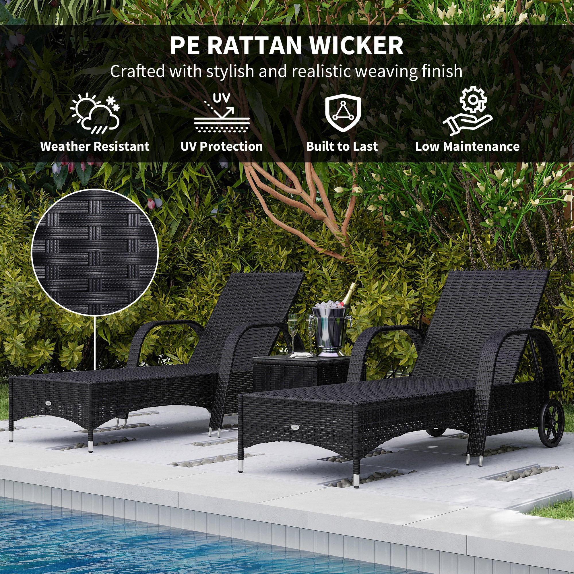 2 Seater Rattan Sun Lounger Set with Side Table Black