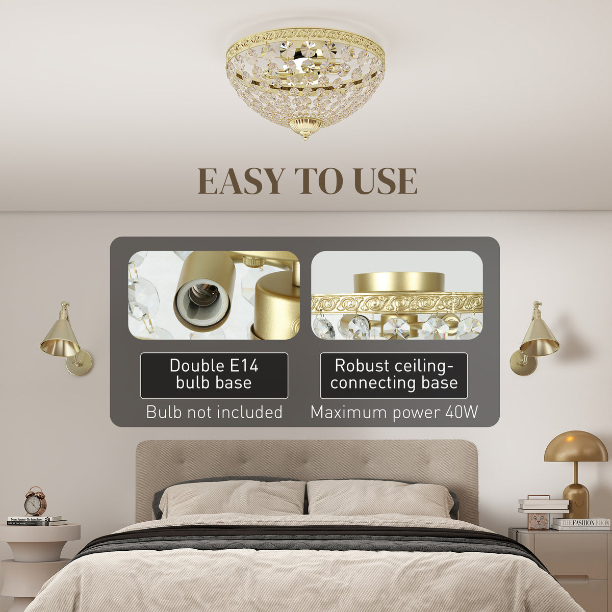 Crystal Chandelier Ceiling Light with 168 Octagonal Beads, Vintage 2-Light Flush Mount Ceiling Light for Living Room, Bedroom, Hallway, Dining Room, Gold Tone