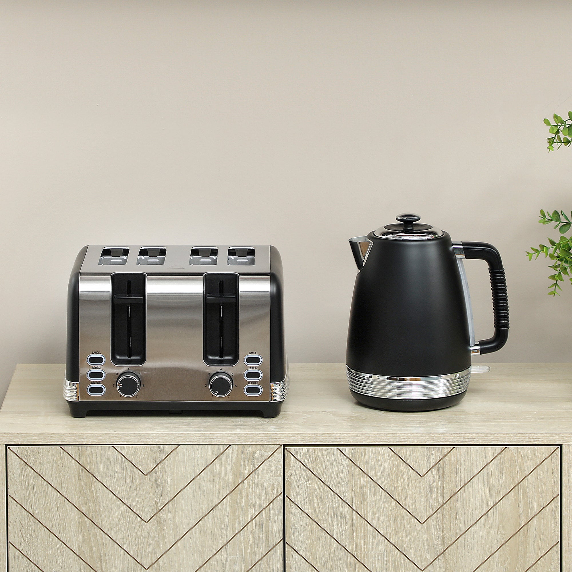 Stainless Steel Panel Kettle and Toaster Set - Black