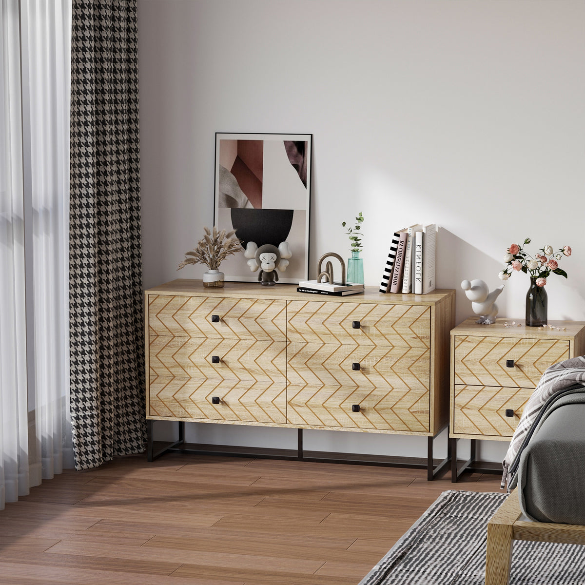 Bedroom Chest of Drawers, 6 Drawer Dresser, Sideboard Cabinet with Zigzag Design and Metal Base, Storage Drawer Unit, 120x71cm, Natural
