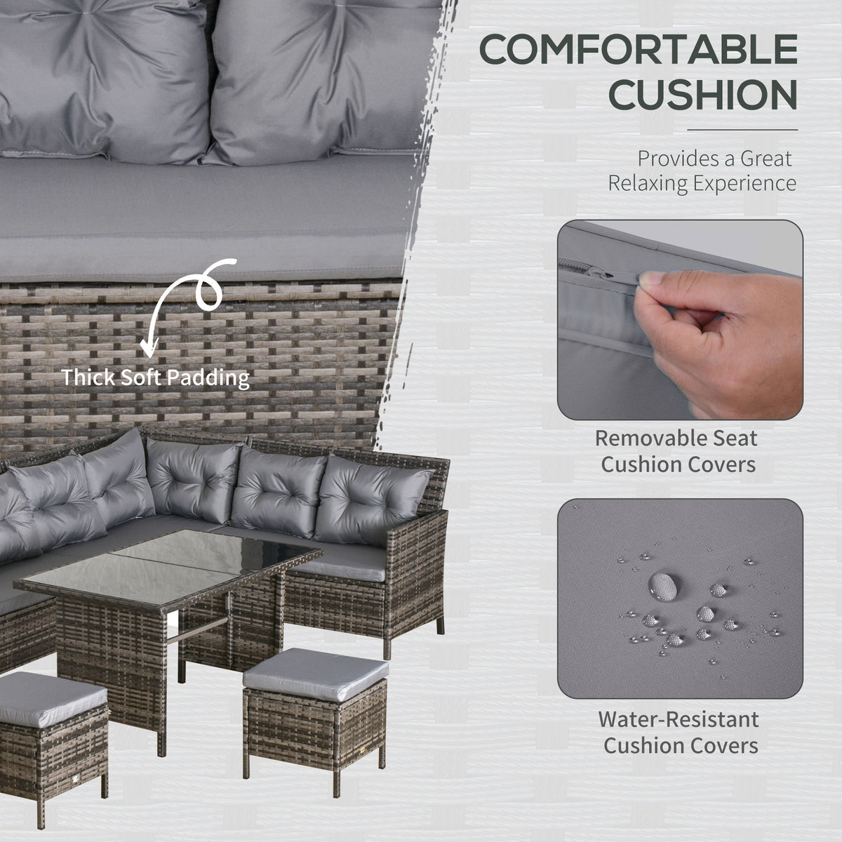 Outsunny 8 Seater Rattan Sofa Set, Rattan Garden Furniture Set with Tempered Glass Table & Thick Cushions, Grey
