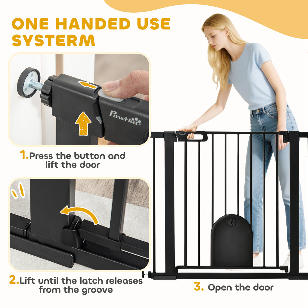 PawHut Dog Gate with Cat Flap Pet Safety Gate Barrier, Stair Pressure Fit, Auto Close, Double Locking, for Doorways, Hallways, 75-103 cm Black