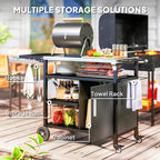 Outsunny Outdoor BBQ Trolley with Foldable Side Table, Stainless Steel Top, Outdoor Kitchen with Wheels Hooks Shelves Cabinet, Pizza Oven Table Movable Barbecue Grill Dining Cart with Cover, Black
