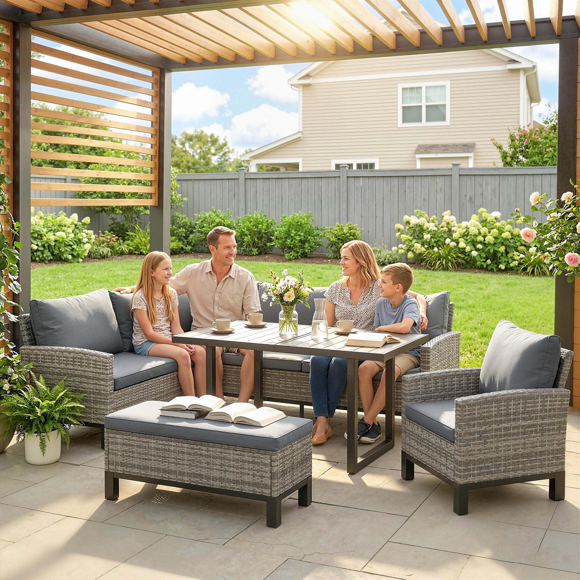 Outsunny 9 Seater Rattan Garden Furniture Corner Sofa Set, Outdoor Dining Set with Faux Wood Table, Ottoman, Cushions, Dark Grey