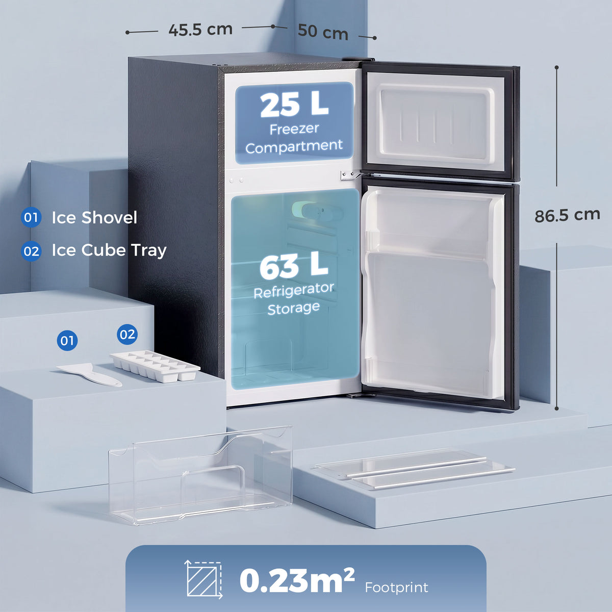 88L Under Counter Fridge Freezer, Small Refrigerator with 5-Setting, 3 Star Freezer Rating, Black